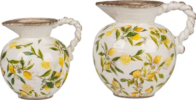 Produktbild von 2er Set Dekovasen Krug VINTAGE LEMON Zitronen 19 + 23cm weiß gelb Formano S25