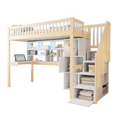 Produktbild von Hochbett mit Schreibtisch, Regal, Schrank, Rausfallschutz und Treppe, 90x200 cm, Kinderbett, Jugendbett, Kiefer