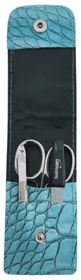 Produktbild von Solingen Maniküre Set 3-teilig – Nagelschere, Pinzette & Saphirfeile – Echtleder Etui Germany Hellblau / Kayman