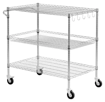 Produktbild von Küchenwagen, 3-stufiges, robustes, verstellbares Drahtregal, Gewerbe-Servicewagen aus Stahl mit Rollen, Arbeitstisch mit Handgriff, für Garage und Waschraum, 102x63x104 cm