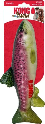 A product shot of a dog toy shaped like a fish, packaged in its retail packaging.