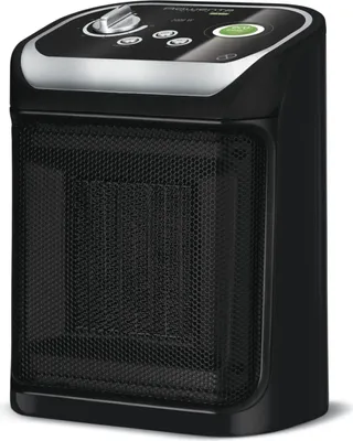 A black Rowenta Mini Excel Eco Safe SO9266 heater is shown against a white background.