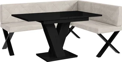 Produktbild von MEBLINI Eckbank für Esszimmer mit ausziehbarem Tisch  - Küchenbank - Essecke - Sitzecke Küche - ERIC - X-Beine 128x168x87cm Rechts - Beige Samt/M Schwarz Hochgl.