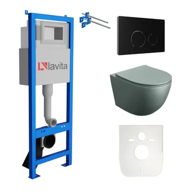 Produktbild von Lavita LAV 101 Vorwandelement für WC 40cm + Wand Hänge Tiefspül WC SINTO Grau Spülrandlos + Bedienplatte LAV 200.4.4 Schwarz | Komplettset | Unterputz Spülkasten | Toilette Komplett Sett