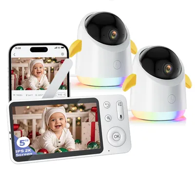 Obrázek produktu pro Dětská chůvička se 2 kamerami a APP 2K/3MP 360° zobrazení 5" WLAN video chůvička RGB noční vidění Detekce pláče/pohybu/zvuku 4x zoom