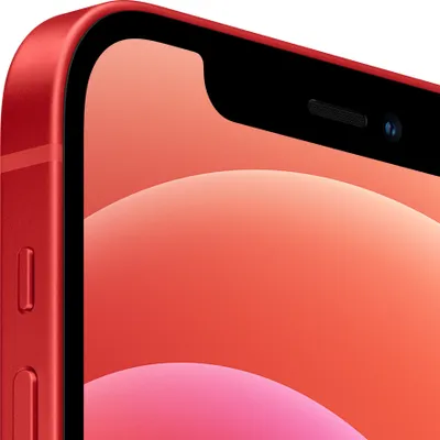 A close-up shot of the top corner of a red iPhone.