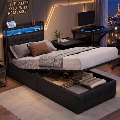 Produktbild von INONEFT Polsterbett 90x200 cm mit 2 USB, Hydraulisches Bett, Einzelbett mit Lattenrost, Kopfteil mit Stauraum und LED-Beleuchtung, Schwarz PU