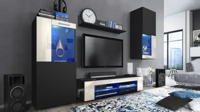 Produktbild von Vladon Wohnwand Movie, Anbauwand bestehend aus 1 TV-Board, 2 Vitrinen und 1 Regal, Schwarz matt/Schwarz matt/Creme Hochglanz, inkl. LED-Beleuchtung blau (Gesamt: 300 x 190 x 39 cm)