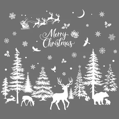 Produktbild von PolkaHome® Weihnachts-Wandaufkleber Winterwald mit Rentier, Tannenbäumen, Schneeflocken – selbstklebende Weihnachtsdeko für