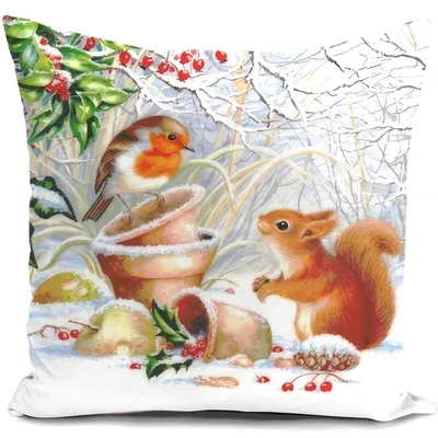 Productafbeelding van Kerstkussenhoes 40x40 cm, wintermotief: roodborstje en eekhoorn