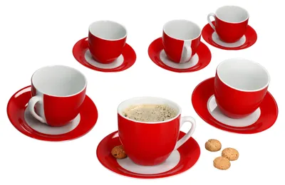 Immagine prodotto di Set da 6 tazze da caffè rosse con piattini, in porcellana, per 6 persone, adatte anche per il tè