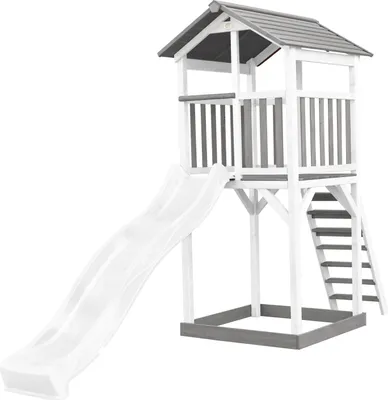 Produktbild von AXI Beach Tower Spielturm aus Holz in Weiß & Grau | Spielhaus für Kinder mit weißer Rutsche und Sandkasten | Stelzenhaus für den Garten