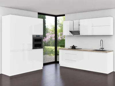 Produktbild von Küchenzeile – Küchenblock – Winkelküche – Komplettküche – Eckküche – Velmora – K65-G400 –240 x 160 cm– Weiß Hochglanz Ohne Arbeitsplatte & Elektrogerä