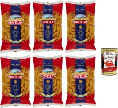 Produktbild von Divella Pasta 100% Italienisch Rigatoni N° 17, Nudeln aus Hartweizengrieß, Kochen 9 Minuten 6x 500g + Italian Gourmet polpa 400g
