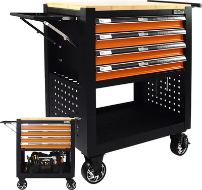 Produktbild von Werkstattwagen Profi Compact leer 85 x 68 x 46 cm Holzplatte 4 Schubladen Lochwand Ablage orange