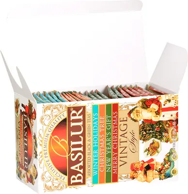 Imagen del producto de BASILUR: Set navideño con 4 variedades de té de Ceilán de la apreciada colección Vintage Style. Contiene 25 unidades