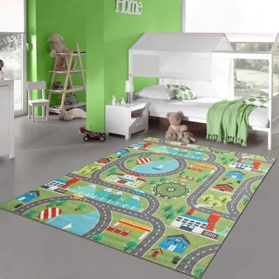 Produktbild von Kinder Spielteppich mit Stadtlandschaft auf Wiese in grün Größe - 80 x 150 cm