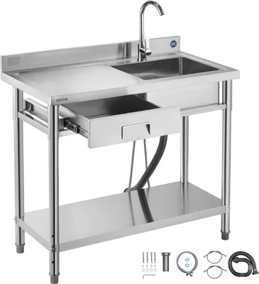 Immagine prodotto di Lavello VEVOR in acciaio inox (100 x 50 x 94 cm), monovasca con rubinetto e cassetto, lavello da cucina per garage ristorante lavanderia, lavello da esterno con piano di lavoro (a sinistra)