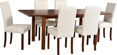 Produktbild von Esstischgarnitur, Esszimmerstühle aus Buchenholz, Esstischen und Stühlen, moderne Esszimmer- und Küchenstühle, Esstischmöbel, Esstisch mit Stühle - Set 6x Stuhl  ROMA 5 Nussbaum Tisch MODENA 2