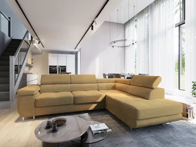 Zdjęcie produktu dla Masseno Narożnik APIRO R-S z funkcją spania i pojemnikiem na pościel Kształt L, Rozkładana sofa, Rogówka - Żółty, POSO 01
