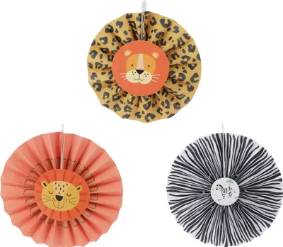 Produktbild von Deko Papier Rosetten mit Tiermuster und Tiere Motiv 20cm 3er Set Bunt
