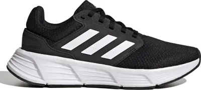 A side view of a black and white Adidas running shoe.