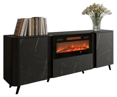 Produktbild von MIRJAN24 Kommode Volare 200 EF mit Kamin, Sideboard, Modernschrank, Kommode mit drei Drehtüren, Wohnzimmer Kollektion (Farbe: Schwarz / San Sebastian)