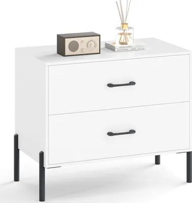 Image de COSTWAY Table de nuit, commode avec 2 tiroirs & pieds métalliques, table de nuit, table d'appoint, armoire à tiroirs, 71 x 40 x 61 cm, blanc