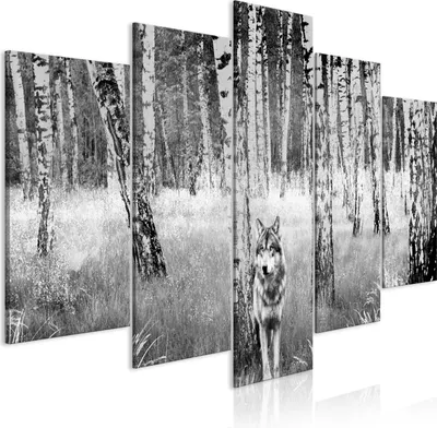 Image de Toile imprimée Loup 200 x 100 cm Toile imprimée 5 pièces Impression artistique moderne Tableaux muraux XXL Décoration murale Design Tableau mural - Animaux Forêt Paysage Arbres Nature Gris g-C-0306-b-m