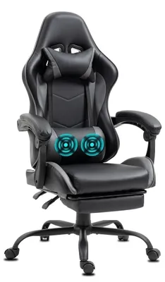 A black and gray gaming chair with a footrest and headrest, shown from a front-diagonal angle.