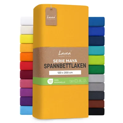 Produktbild von Lavea® Spannbettlaken 120x200cm, Maya, 100% Baumwolle – Weiches, atmungsaktives Bettlaken für Matratzen bis 20cm - Goldgelb
