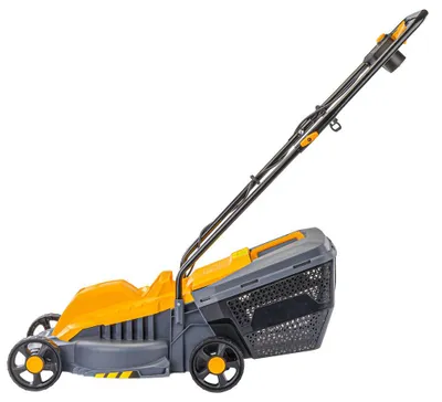 A side view of a yellow and gray electric lawnmower against a white background.