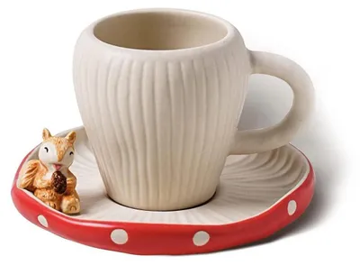 Productafbeelding van Keramische mok met schotel, 280 ml, paddenstoelendesign, mat rood/wit