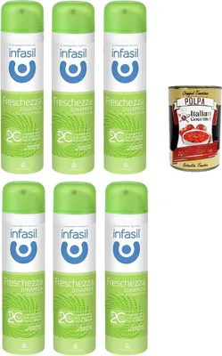 Produktbild von Infasil Deospray für dynamische Frische mit Molekül 2C, ohne Alkohol, wirksam bis zu 24 Stunden, 6x 150 ml + Italian Gourmet polpa 400g