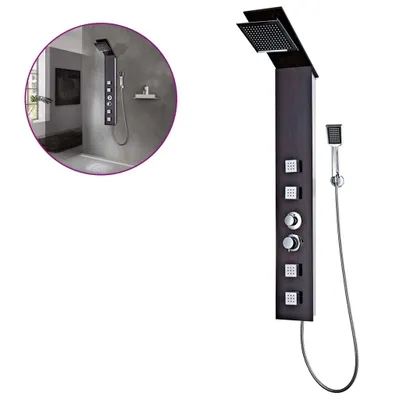 A modern shower panel system with a square overhead shower and a handheld showerhead.