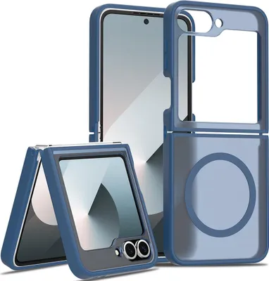 Three views of a dark blue phone case for a foldable phone, displayed on a white background.