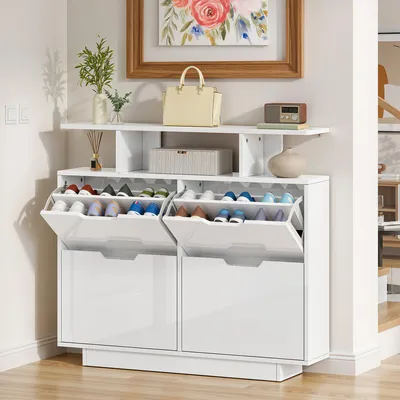 Produktbild von Schmaler Hochglanz-Schuhschrank mit 4 Klappen, Weiß, 120x24x106cm, platzsparend für 16-24 Paar Schuhe im Flur