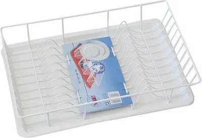 A white wire dish rack with a white plastic base, containing a blue and white product box with images of plates.