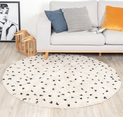 Produktbild von Volero - Teppich Hochflor Rund - Grand Dots Creme Schwarz - Ø 180 cm - Wohnzimmer, Esszimmer, Schlafzimmer - Industrielle, Modern, Skandinavisch