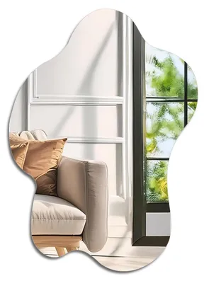 Image de Miroir mural asymétrique, sans cadre, dimensions 58 x 82 cm. Miroir pleine longueur à suspendre, avec panneau arrière en MDF