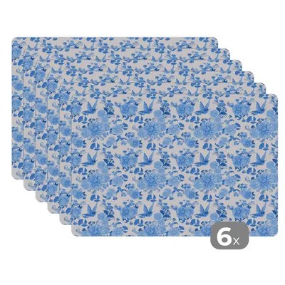 Obrázok produktu pre MuchoWow® Podložky Sada 6 podložiek Umývateľné podložky 30x45x0.3cm Kvety - vzor - modrá Podložka pod stôl Nekĺzavá a odolná voči teplu