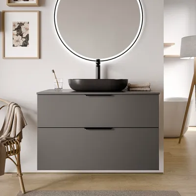 Produktbild von Waschtischunterschrank TIM 100 cm für Aufsatzwaschbecken - Farbe wählbar, Waschtischplatte:Eiche nebelgrau, Farbe Badmöbel:Anthrazit matt, Metallgriff:Chrom