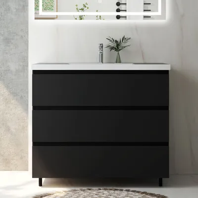 Produktbild von Badmöbel Set 100 cm Alast Schwarz Waschbecken mit Unterschrank Hängeschrank mit Schrankfüße Softclose
