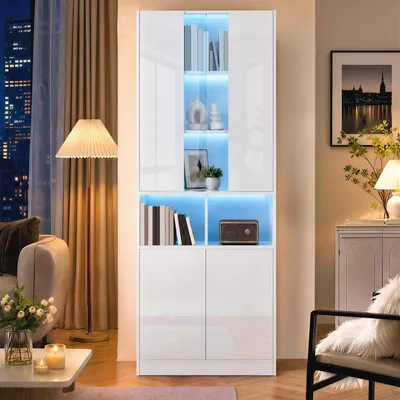 Produktbild von Flieks Hochschrank mit Acryl Sichtfenster, LED Beleuchtung, Küchenbuffet mit Doppeltüren und verstellbarer Einlegeboden, Sideboard, Weiß