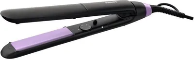 A black and purple hair straightener is shown against a white background.