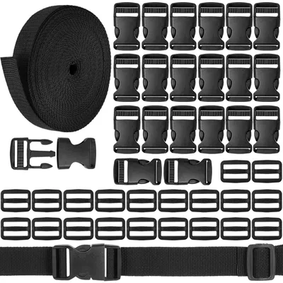 Webbing Set 15 m x 25 mm Nylon Gurtband mit 20 Schnallen Schwarz
