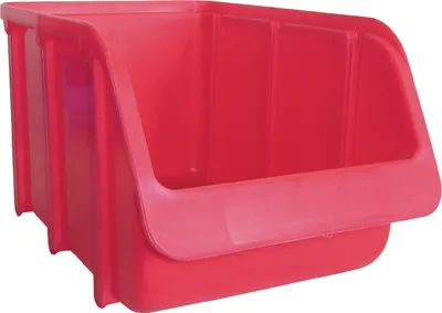 A red plastic storage bin is shown against a white background.