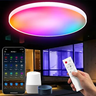 A smart LED ceiling light with RGB colors, controlled by a smartphone app and remote, shown in a modern living room setting with smart home devices.