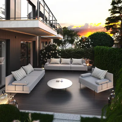 Produktbild von Gartenmöbel set Bahama Streifen Grau 6 Personen Gartenlounge 3-teilig. Terassenmöbel mit Eisenrahmen Wasserabweisend, 3-sitzer + 2-sitzer sofa, Sessel