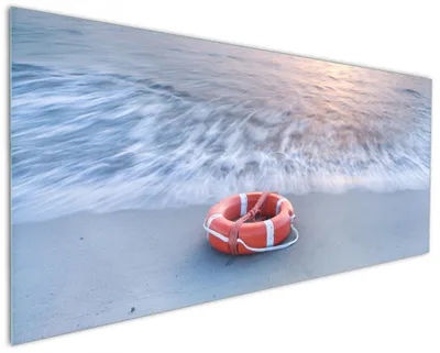 Produktbild von Wallario Küchenrückwand aus Glas, Größe: 125 x 50 cm, Motiv: Rettungsring am Strand bei Sonnenuntergang | Spritzschutz | abwischbar | pflegeleicht | in